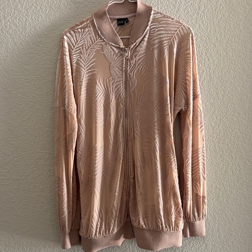 Stone row/volcolm Pink Sheer Leaf Pattern Bomber Jacket/oversized - Picture 4 of 5